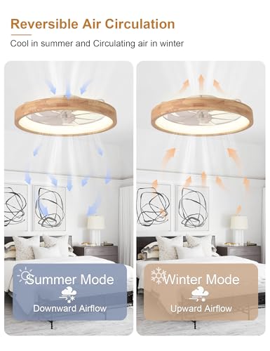 24'' Ceiling Fan with Light Fandelier Flush Mount Low Profile Wood Ceiling Fan with Dimmable LED Light 3 Color 6 Speeds