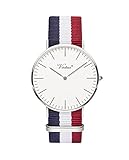 VIRTUE Men's Watches Silver-Tone Quartz Analog Nylon Band with Red and Navy