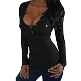 ZHU Womens Sexy Tee Shirt Long Sleeve V Neck Slim Fit Casual Button Blouse Top