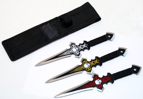 Set Of 3 Skull Design Black Throwing Knives With Sheath
