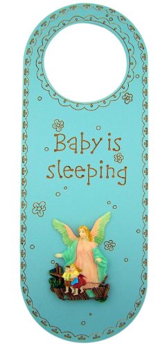 Baby is Sleeping 10" Blue Boys Nursery Door Knob Hanger with Guardian Angel