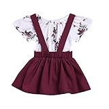 CCSDR Baby Girl Strap Skirt+Romper,Infant Floral Print Shirt Jumpsuit Outfit Set (18-24 Months, Wine)