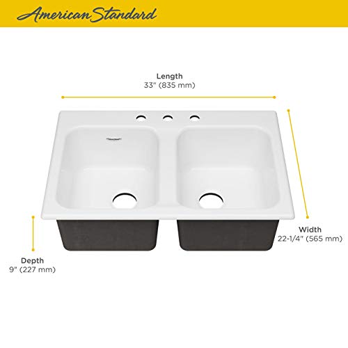 American Standard 77DB33223.308 Quince 33x22 Top Mount Double Bowl Cast Iron Kitchen Sink - 3 Holes Brilliant White American Standard 77DB33223.308 Quince 33x22 Top Mount Double Bowl Cast Iron Kitchen Sink - 3 Holes Brilliant White