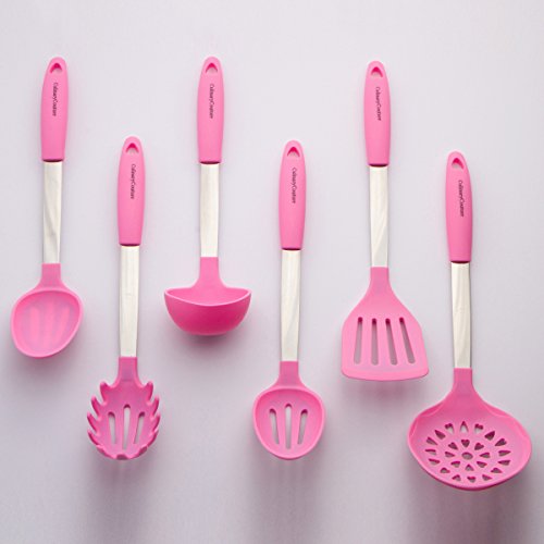 Light Pink Cooking Utensil Set - Stainless Steel & Silicone Heat Resistant Professional Kitchen Tools - Spatula, Mixing & Slotted Spoon, Ladle, Pasta Fork Server, Drainer - Bonus Ebook!