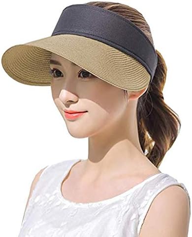 Women Summer Open Top Straw Braided Sun Visor Hat Color Block Adjustable Magic Sticker Metal Rivet Decor Wide Brim Sport Outdoor Beach Cap (Khaki)