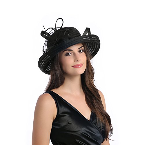 Dantiya Women's Organza Wide Brim Bowler Hat Kentucky Derby Church Dress Sun Hat (Black)