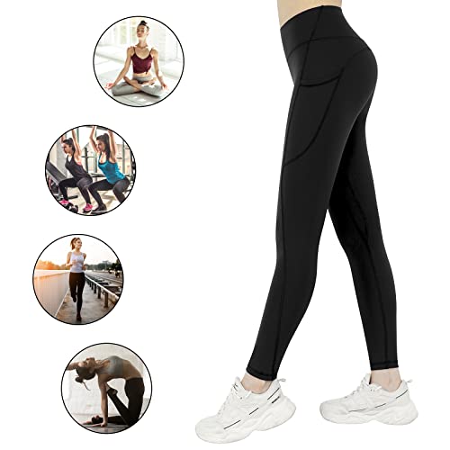 KKB WOMEN’S HIGH WAISTED YOGA LEGGINGS WITH SIDE POCKETS,TUMMY CONTROL SPORTS WORKOUT ATHLETIC RUNNING PANTS(BLACK,L)