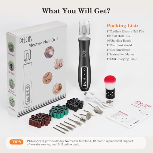PELCAS Electric Nail File 10 Speeds Professional Cordless Electric Nail Drill with LCD Screen and LED Light, Portable Rechargeable Nail Files for Acrylic and Gel Nails, Pet, Thick Toenails