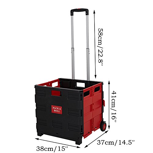 Dporticus Folding Two-Wheeled Trolley Hand Cart Plastic Hefty Heavy Carry Shopping Picnic Travel Office (Red/Large) - Thumbnail 4