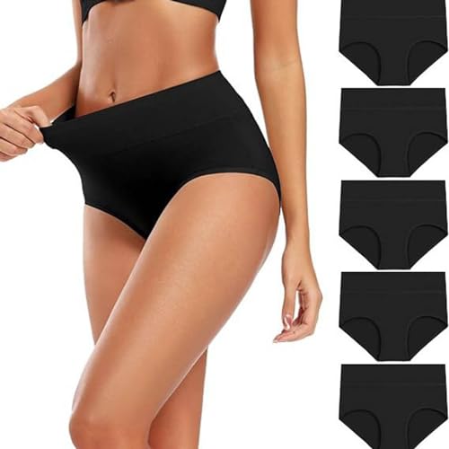 Underwear Women High Waist Cotton Knickers Ladies Panties Full Coverage Briefs boxer shorts Underpants Plus Size Multipack (UK, Alpha, XXL, Regular, Regular, Black- 5 Pack)