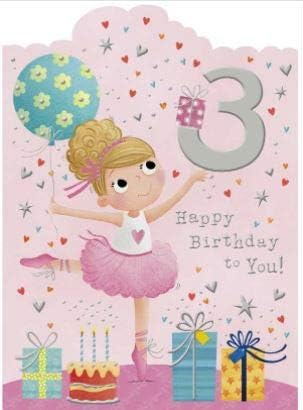 Noel Tatt Children's Birthday Card - Age 3 Happy Birthday - Little Girl Ballerina with Balloons and Presents - For Her