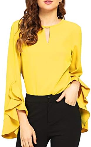 Women's V Neck Blouse Long Bell Sleeve Zipper Back Loose Top Shirt (Yellow, S)