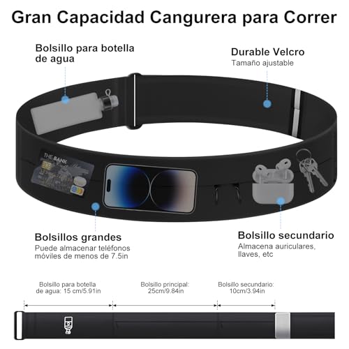 HONGHCL Cangurera para Correr con Botella de Agua 330ml - 2 Tallas Ajustables Cangurera Deportiva, Impermeable Riñonera para Correr, Gimnasio, Senderismo (M/L（Cintura 80-110cm）, Negro)
