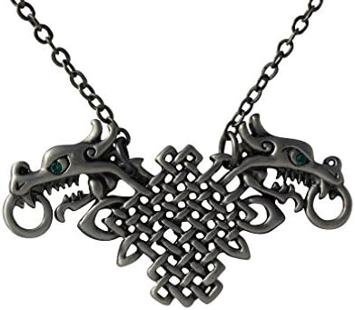 Masada Jewelry, Pewter Celtic Knotwork Double Dragon with Green Eyes Rhinestone Gems Pendant and Necklace