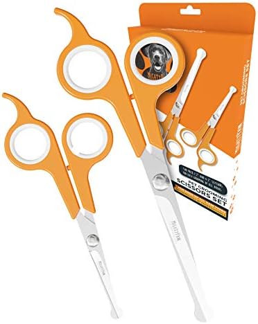 Mighty Paw Dog Grooming Scissors (2 Pack) | Professional Ergonomic Pet Grooming Scissors with Rounded Safety Tips & 2mm Sharp Stainless Steel Blades. for Body, Paw and Face Hair Trimming