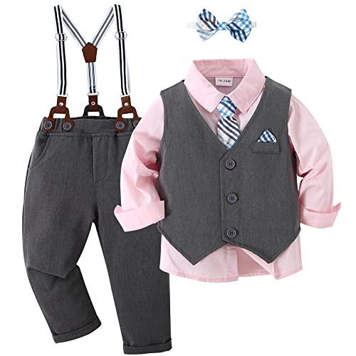 Toddler Suit Baby Boys Clothes, Formal Dress Shirt with Bowtie + Stylish Tuxedo Vest + Suspender Pants Outfit Sets Gentleman