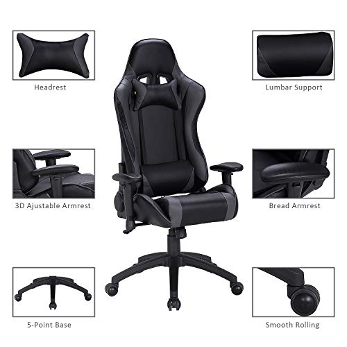 LCH Ergonomic Computer Gaming Chairs- Racing Style Height Adjustable, High-Back PU Leather Executive Office Chair with Headrest and Lumbar Support