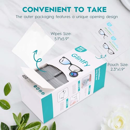 GlintFy Lens Wipes for Eyeglasses, Lens Wipes 15×13cm–400 Count(Pre-moistened Indepently Packaged, Anti-Static Microfiber,Safe,Scratch Free,Suitable for Eyeglass,Sunglasses,Camera,Goggle,Phone,Tablet)