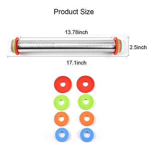 Rolling Pin, Adjustable Stainless Steel Heavy Duty 17Inch Dough Roller Pins with 4 Removable Rings for Baking Cookie Fondant Dough Pastry Pizza Pie
