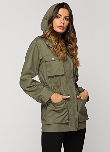 Escalier Women's Anorak Jacket Lightweight Drawstring Hooded Military Parka Coat Army Green - Thumbnail 2