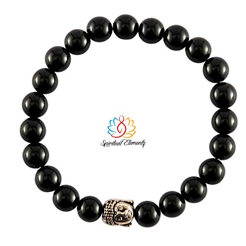 Spiritual Elementz Reiki Charged Black Onyx Gemstone (7-8 mm) Black Gemstone Chakra Stretch Bracelet (21-24 Beads) Unisex for Healing (Stone for Negativity Removal)