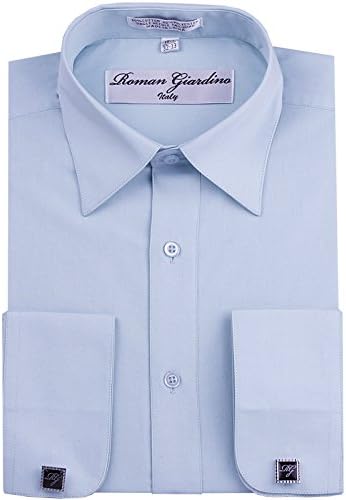 Roman Giardino Men's Dress Shirt Baby Blue Long Convertible Sleeve Collar Machine Washable Free Cufflink 17.5-34/35