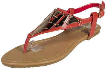 Saber-26! By RCK Bella Trendy Fashion Ornamental Metal Décor Triangle Thong Flat Sandals, coral leatherette, 10 M