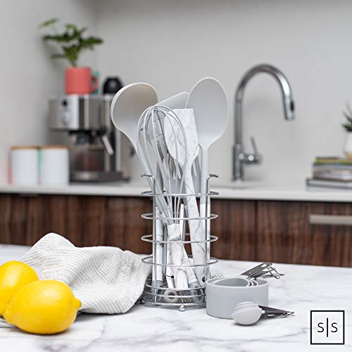 Grey Cooking Utensils With a Modern Look of Marble Utensil Holder Included - Marble Kitchen Accessories. 16-Piece Nylon Cooking Utensils Set with Holder incl. Grey Measuring Spoons and Cups Set