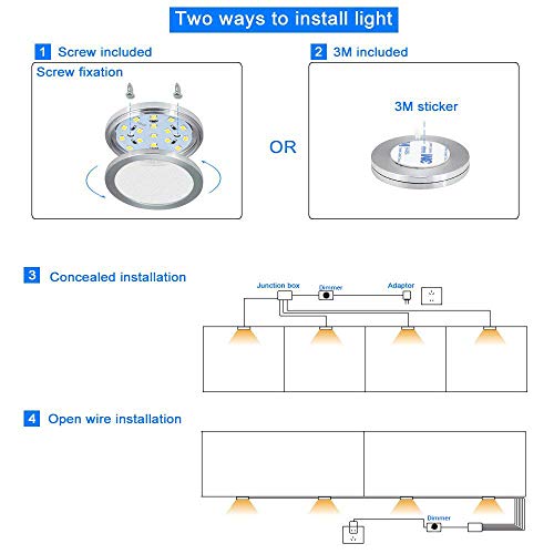 Dimmable Puck Lighting - 8W Warm White Kitchen Under Cabinet Lighting - LED Counter Deluxe Kit w/Rotary Dimmer Switch - Continuous Dimming (Warm White, 4 Pack)