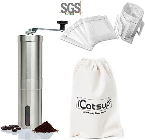 iCatsup Premium Manual Coffee Grinder - Cutting-Edge Conical Ceramic Burr for Precision Brewing Every Time - Guaranteed Consistent Grind – Kit Comes with Carry Travel Bag and 25pcs Drip Coffee Bag