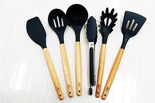 DEME 7 Pc Black Silicone Kitchen Utensil Set with stainless bottom removeable holder, Wooden Handle - Spoonula, Slotted Spoon, Soup Ladle, Tong, Spaghetti /Pasta Server, Slotted Turner