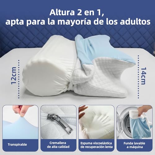 Honfay Almohada ergonómica para el Cuello, Almohada 2 en 1 de Espuma viscoelástica, Almohada Cervical para quienes Duermen de Lado, Boca Arriba o Boca Abajo, 60 x 40 x 12/14 cm (Azul Marino)