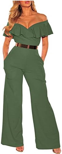 Women Ruffle Off Shoulder Solid Jumpsuits Wide Leg Long Romper Pants Without Belt