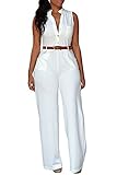 Roswear Women's Sexy Plunge V Neck Belted Wide Leg Jumpsuits Romper White XXX-Large
