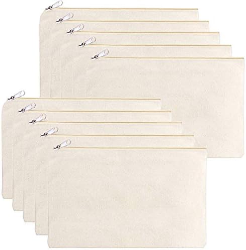 Multipurpose Cosmetic Bag with Zipper - 10-Pack Plain DIY Natural Make-Up Pouch, Cotton Canvas Pen Pencil Bag for Women and Teens(9X6inch)