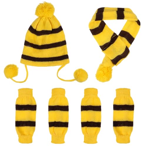 Winter Knitted Dog Hat Scarf and Leg Warmer Set - Dog Leg Warmers Hat with Pompom Winter Striped Knitted Neck Leggings for Small s Puppy at Amazon