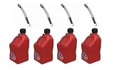4 Pack VP 5 Gallon Square Red Racing Utility Jugs with 4 Deluxe Filler Hoses