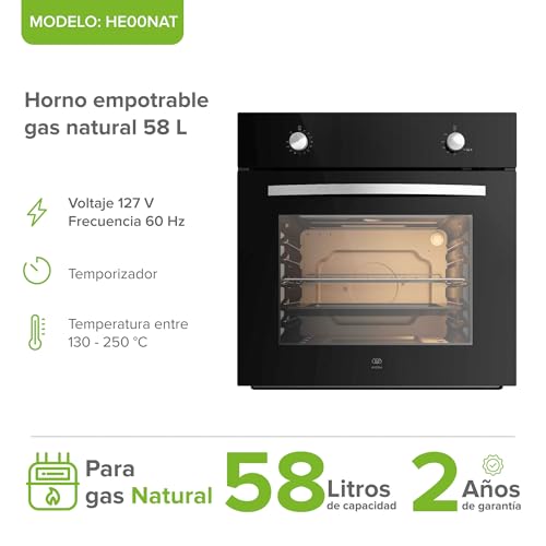 AVERA Horno empotrable para Gas Natural, 58 Litros, 60 cm, Control de temperatura 130° - 250°C, Temporizador 90 min, Luz interior, Encendido eléctrico 127V, Funciones Hornaer y Asar | HE00NAT