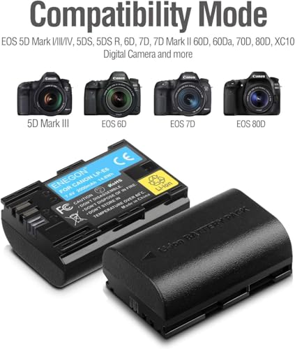 ENEGON LP-E6/E6N Rechargeable Battery (2 pack 2000mAh) and Dual USB LED charger, Compatible with Canon EOS 5D Mark II III IV, R, R3, R5,R6,R6 II, R7,RP, 6D, 6D II, 7D, 7D II, EOS 60D, 70D, 80D, 90D.