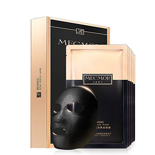 MECMOR Completely Additive Free Reviving Rose Serum Black Gold Facial Mask 5PC All Natural Organic Pregnant Woman Usable Paper Face Mask Set Kit Cleanser + Hydrating + Rejuvenating