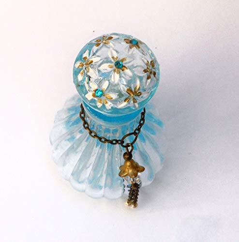 Cornflower Blue Glass Mini Perfume Bottle with Swarovski Crystal Rhinestones and Dangling Pearls