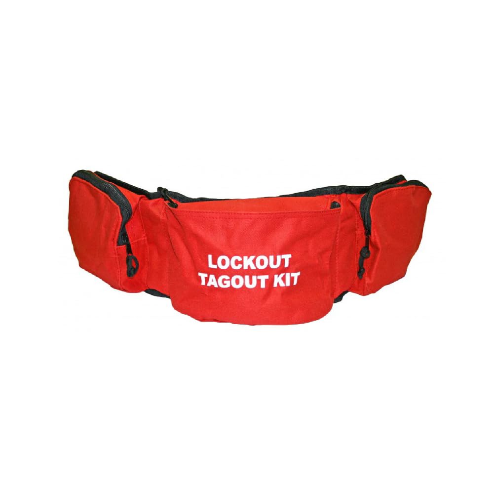 Lockout Tagout Belt Pouch - Woven Nylon LOTO Tool Pouch with 3 Pockets - Fits Waist Up to 40" - Red Safety Pouch for Padlocks, Tags & Hasps