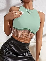 Milumia Women Rhinestone Fringe Zip Back Sleeveless
