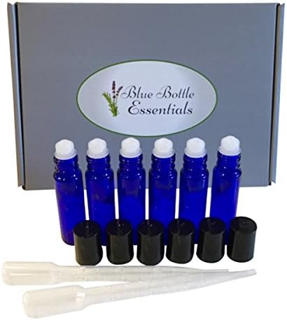 Blue Bottle Essentials 10ml (1/3oz)Cobalt Glass Roll On Bottle - Empty/Refillable - Perfect for Essential Oils- Aromatherapy-Fragrances +2 Free transfer pipettes + 10 recipes!