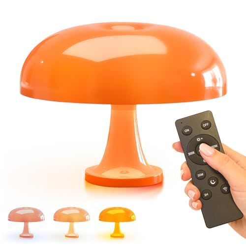 Wireless LED Bedside Lamp-Mushroom Lamp Vintage Design Space Age-Orange Table Lamp with Remote Control, USB Rechargeable Battery, 3 Colors, Touch Dimmer, Atmosphere Lighting