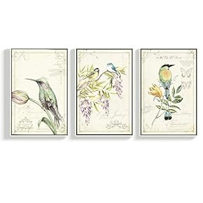 Floating Framed Canvas Wall Art for Living Room, Bedroom Vintage Bird Flower Canvas Prints for Home Decoration Ready to Hang - 16"x24"x3 Panels