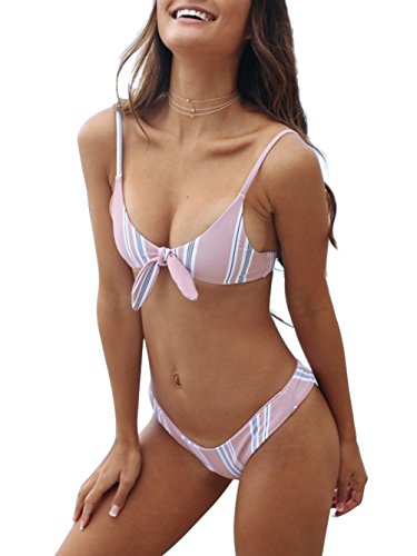 Famulily Women's Tie Knot Front Stripe Bikini Set Paded Push Up Two Piece Swimsuit M