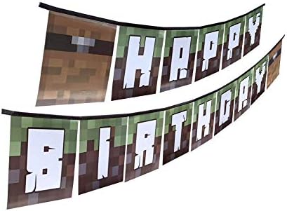 Pixel Mine Crafter Style Happy Birthday Banner - PRE-Assembled! Fun Party Banner for Indoor or Outdoor Use, Birthday Banner Made from Recycled Materials