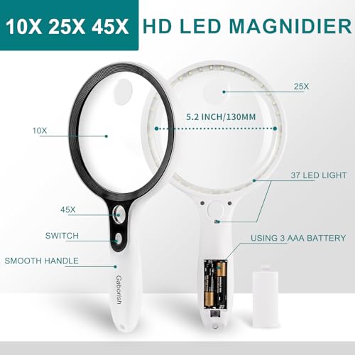 Large Magnifying Glass with 37 LED Light, 10X 20X 45X Reading Magnifier Handheld Magnifier with 3 Light Modes, Storage Bag, Cleaning Cloth for Seniors, for Reading Coins, Inspection, Hobbies