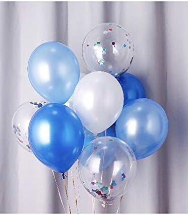 40 Pieces Blue White Balloons & Rainbow Confetti Balloons, 12 Inches Party Balloons + Ribbon for Party Decorations, Wedding Decorations, Baby Shower Decorations and Proposal (Blue)